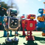 Two chat robots in a park