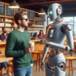 Ultra Realistic photograph in high definition: A person is having a conversation with a robot in a coffee shop. Accurate and detailed with normal hues for a sunny spring day.