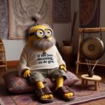 A minion who is on a spirit quest. He is wearing a woven natural fiber pullover shirt, cargo shorts and birkenstocks. He hasn't shaved in a few days, and his hair is in a bun. He is sitting with his legs crossed on a paisley pillow, with paisley print sheets hanging on the wall behind him, in his yoga studio. There are incense sticks burning and a tabletop gong sitting on a small bamboo table. His shirt says "If life has meaning, so do gru."